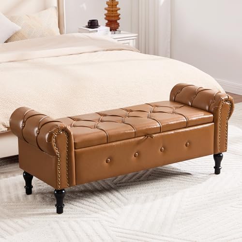 Storage Bench 51" Faux Leather End of Bed Benches Brown