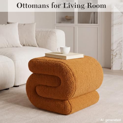 FOXHUNTER S Shape Modern Pouf Ottoman Vanity Stool, Teddy Orange