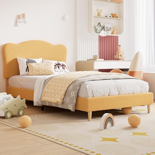 Garvee Upholstered Twin Size Bed Frame for Kids with Scallop Headboard, Cute Velvet Twin Bed for Girls, Boys, Sturdy Platform Bed, No Box Spring Needed, Wooden Slats, Noise Free, Yellow