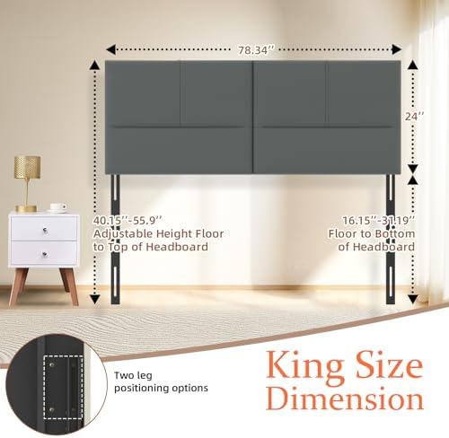 Upholstered Headboard King Size, Solid Wood Head Board with Sturdy Metal Legs, Leather Bed Headboard with Height Adjustable, Gray