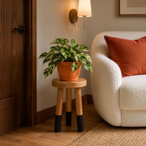 Rubber Wood 9" Round Plant Stand |Dip Dyed Black Stool, Wood Riser |Milking Stool (12" H)