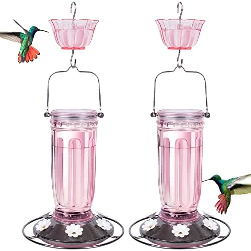 Kingsyard 2 Pack Glass Hummingbird Feeder for Outdoors, 16 Oz Wild Bird Feeder with 6 Feeding Ports Hanging for Garden Yard, Pink (Ant Moat Included)