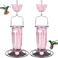 Kingsyard 2 Pack Glass Hummingbird Feeder for Outdoors, 16 Oz Wild Bird Feeder with 6 Feeding Ports Hanging for Garden Yard, Pink (Ant Moat Included)