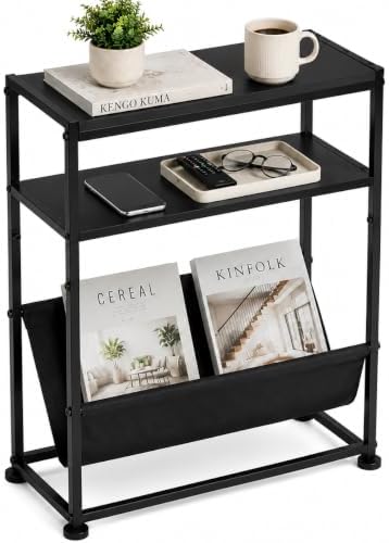 Narrow End Table for Small Spaces - Slim Side Table with Magazine Holder,2 in 1 Design Narrow Coffee Table Living Room,Skinny Bedroom Nightstand Thin Side Magazine Table,Black