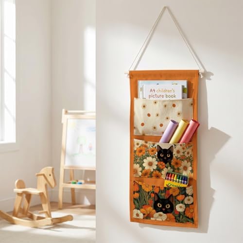 IAXIC Canvas Wall Hanging Organizer with Pockets Fish Extender Hanging Pouch Daisy Cat Door Closet Organizers Fabric Storage Pockets Wall Decoration