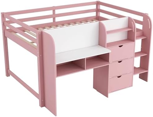 Bellemave Full Size Low loft Bed for Kids,Wood Modern Farmhouse Full Loft Bed with Desk, Storage Cabinets,Bookcase, No Box Spring Needed, Pink
