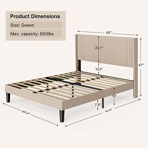Gizoon Queen Bed Frame with Wingback Headboard, Upholstered Platform Bed