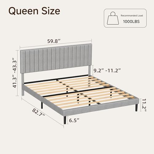 Queen Linen Bed Frame with Vertical Channel Tufted Headboard Light Grey