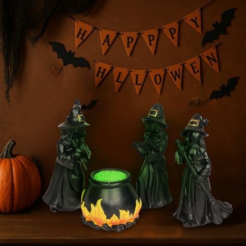 Halloween Witch Figurine Set with Glowing Cauldron – 4PCS Resin Halloween Decorations for Tabletop Mantel Tiered Tray Indoor Haunted House Spooky Witch Statues, Mini Figurines Gothic Home Decor