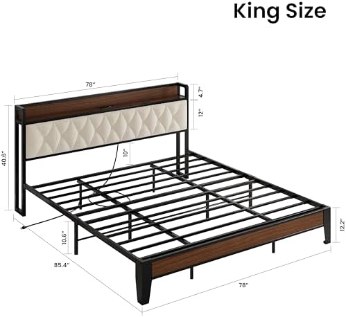 ANCTOR King Size Bed Frame with Headboard and Charging Station, Walnut