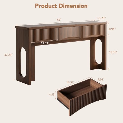 63" Fluted Console Table with 3 Storage Drawers,Walnut