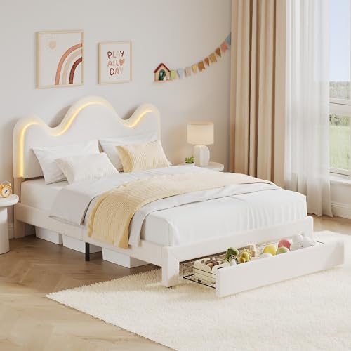 IDEALHOUSE Queen Bed Frame with LED Headboard and Under-Bed Drawer, Metal Upholstered Platform Bed with LED Light for Kids, Girls, Lamb Fleece Fabric, Wooden Slats Support, No Box Spring Needed, White
