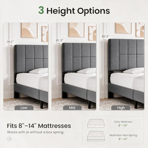 Marsail Upholstered Queen Bed Frame with Headboard, Modern Grey Bed Frame
