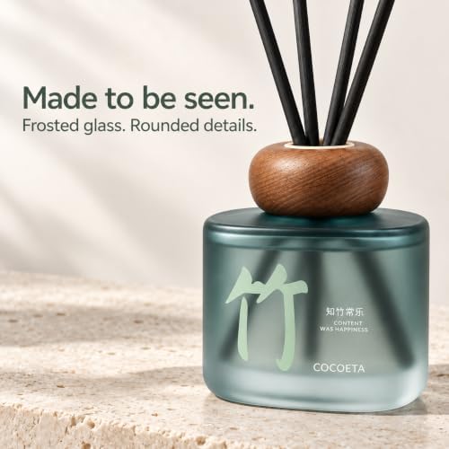 Bamboo Reed Diffuser, 5.9 Fl Oz – Fresh Green Floral Home Fragrance for Up to 90 Days - Reusable, Refillable Glass Holder - Includes 4 Natural Reed Sticks - Flame Free