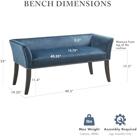 Madison Park Accent Bench, Upholstered with Nailhead Trim, & Padded Seat Entryway Bench Small, End of Bed Bench with Back, 49.5" W x 19.25" D x 23" H, Blue
