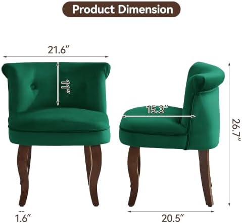 WUTUTUEE Velvet Vanity Chair with Back, Tufted Upholstered Vanity Stool with Solid Wood Legs, Mid Century Small Makeup Chair for Vanity, Accent Chair for Bedroom, Living Room, Green