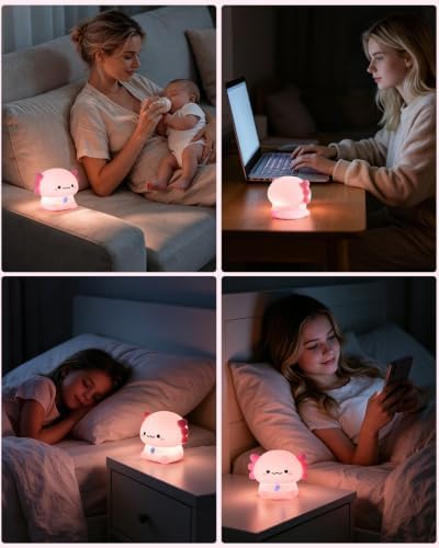 Fuloon Axolotl Night Light, 3-Level Dimming Silicone Touch Lamp with Rechargeable Battery & 30-Min Auto Timer, Cute Squishy Unicorn Whale Desk Decor, Funny White Elephant Gift for Adults Teens Kids