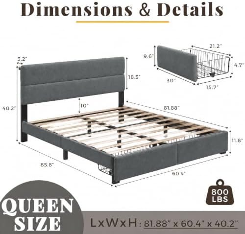 Queen Bed Frame with 2 Storage Drawers, Grey Velvet Upholstered