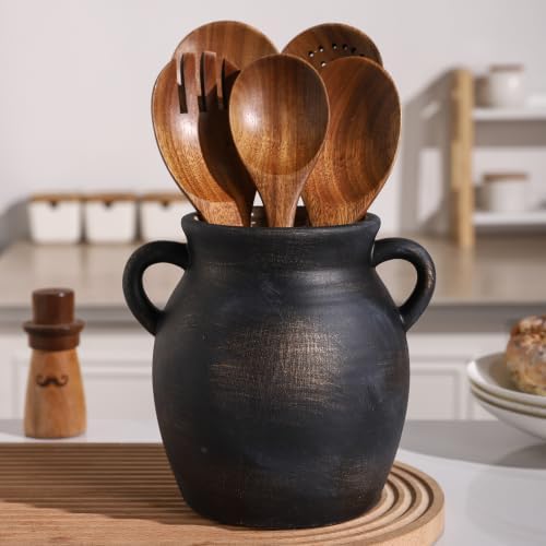 Ceramic Farmhouse Kitchen Utensil Holder for Countertop, Rustic Cooking Utensil Holder Crock Fit for Kitchen Counter. Bronze Color Scheme.