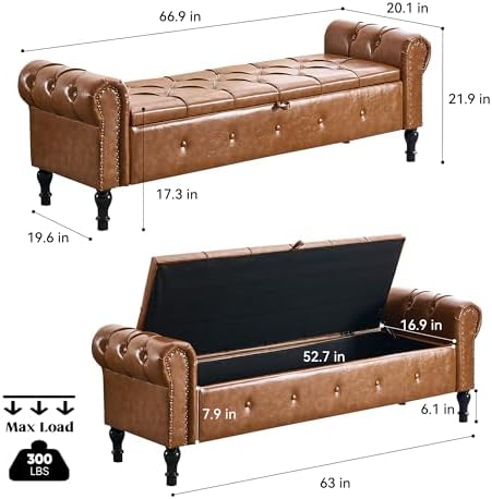 Storage Bench 67" Faux Leather End of Bed Benches Brown