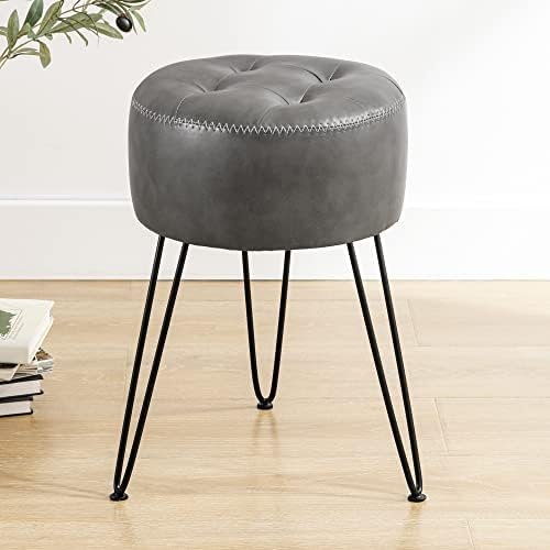 LUE BONA Faux Leather Vanity Stool Chair for Makeup Room, Grey Stool for Vanity, 19” Height, Tufted Small Vanity Chair with Metal Legs, for Bedroom, Living Room