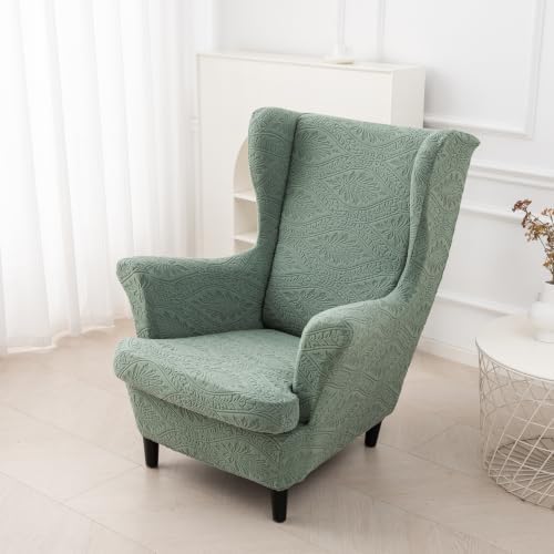 HZDHCLH Wingback Chair Slipcovers 2 Piece Stretch Spandex Chair Covers Washable Armchair Protector with Elastic Fit for Living Room Bedroom Green Embossed Leaf Pattern