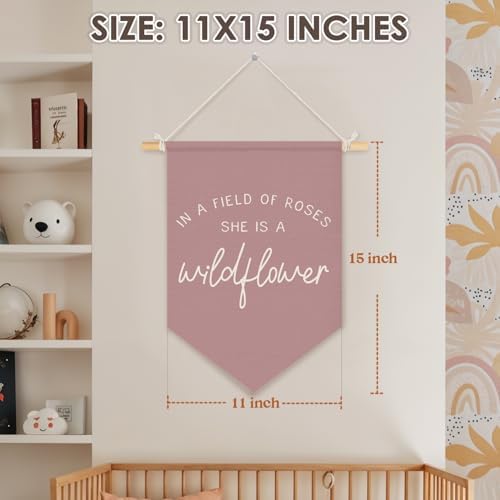 Wheatwin Girl Nursery Decor, in a Field of Roses She Is a Wildflower Wall Hanging Pennant Flag Banner, Wildflower Nursery Wall Decor for Toddler Baby Girls Room Bedroom Playroom 15x11 Inch