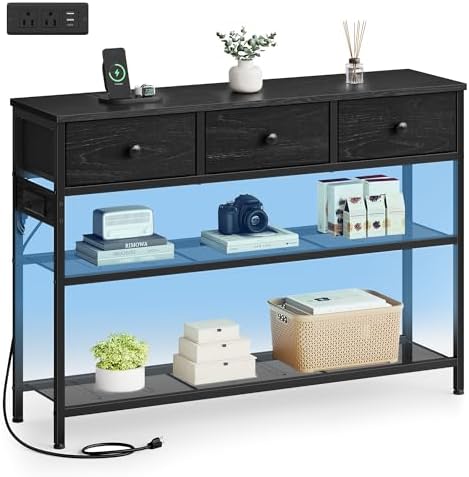 SONGMICS Console Table with Power Outlets and LED Lights, 3 Fabric Drawers