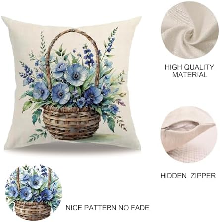 7COLORROOM 2Pack Blue Flower Pillow Covers Outdoor Garden Decoration Cushion Covers Farmhouse Rustic Colorful Spring Flower Home Décor Pillowcases 18x18 inch for Patio Sofa Bed(Blue)