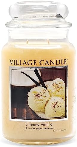 Village Candle Creamy Vanilla Large Glass Apothecary Jar, Scented Candle, 21.25 oz., Ivory