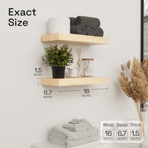 Wood Floating Shelves for Wall 16 inch, Natural Wood, Bathroom Wooden Shelf