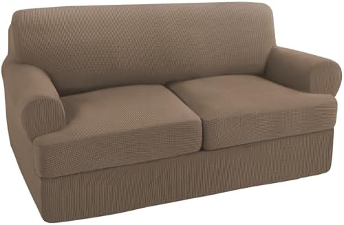 Turquoize 3 Piece T Cushion Loveseat Slipcovers Sofa Cover for 2 Cushion Couch Cover Washable Sofa Slipcover Furniture Covers with 2 Individual T Cushion Seat Covers (2 Cushion Loveseat, Macchiato)