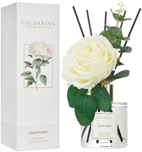 Cocorrína Flower Reed Diffuser - Clean Linen 6.7oz Scented Diffuser with Sticks Home Fragrance Essential Oil for Bathroom Shelf Decor (Artificial Flower)