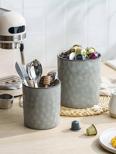 famiware Ceramic Utensil Holder, 7.2"+5.8", Set of 2, Gray