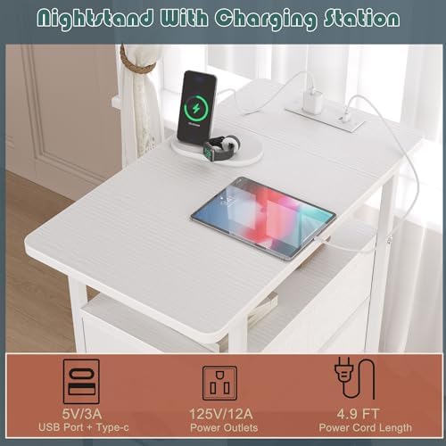 sthmec End Table with Charging Station, Side Tables Livingroom with USB Ports and Outlets,Narrow Nightstands Bedside Tables with 3 Drawers PU Finish for Small Space,Slim Sofa Table Bedroom,White