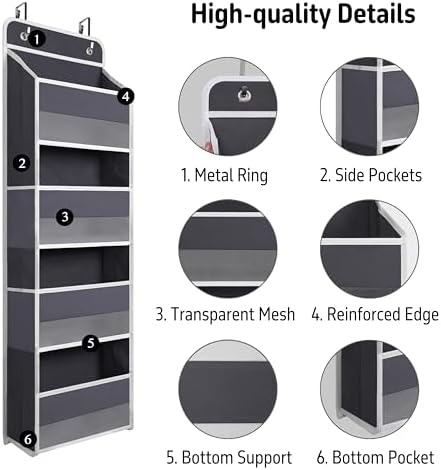TYMENSH Over the Door Organizer for Bedroom Bathroom Pantry, 4 Shelf Gray
