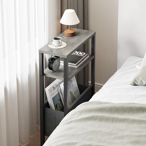 Narrow Side Table, Slim End Table with Magazine Rack, Skinny Bedside Table for Small Spaces, 3 Tier Sofa Couch Table Nightstand for Living Room, Bedroom,Oak Grey LET503Q