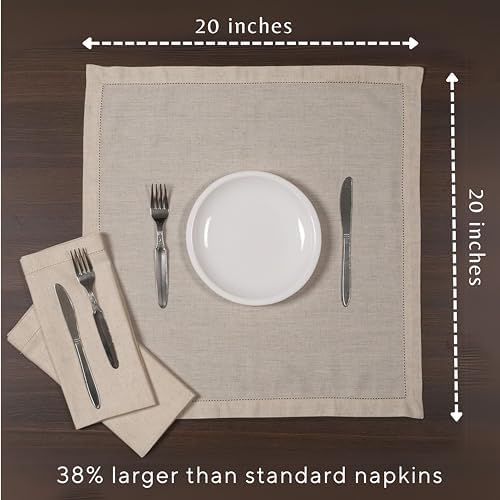 Ramanta Home Natural Cloth Dinner Napkin Set of 12-20x20 Inch, Premium Cotton Linen Flax Hemstitched Napkins, Soft Durable Washable for Everyday Use Thanksgiving Christmas Parties Halloween