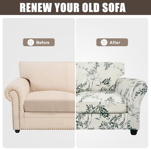 SearchI Sofa Cover Couch Covers, 2 Pieces Armchair Slipcover with 1 Separate Cushion Cover Stretch Soft Furniture Protector for Living Room Couch Cover for Pets Kids(Armchair, Foliage)