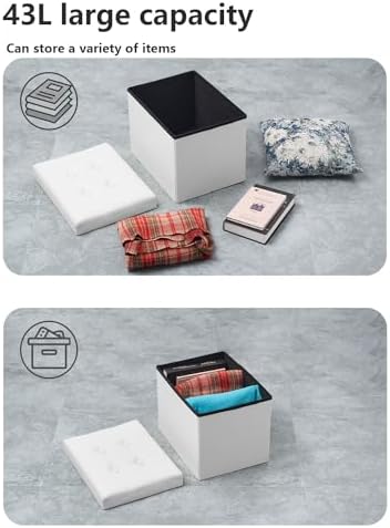 Bsketa Storage Ottoman Bench,17 Inch Folding Leather Foot Rest Stool,White