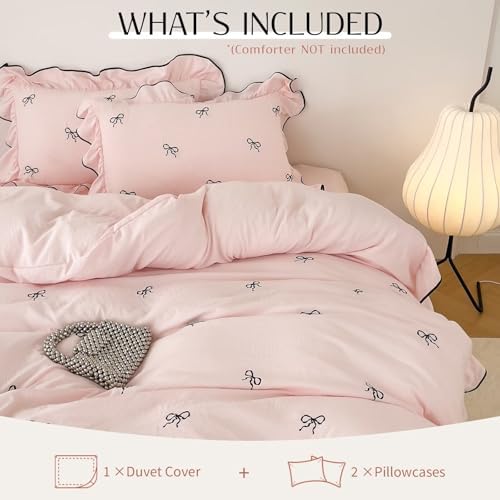 Pink Duvet Cover Set Full Size,3 Pcs 1 Duvet Cover with 2 Pillowcases,Cute Bedding Set for Teen Girls,Chic Coquette Brushed Washed Soft Comforter Quilt Covers for All Seasons 80"×90"