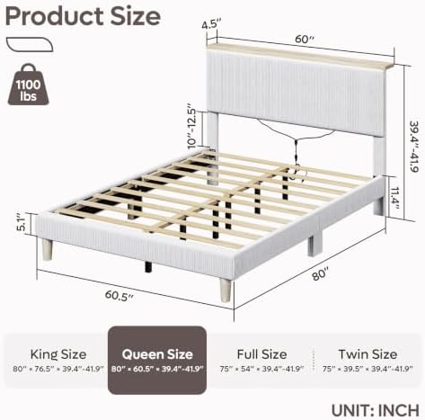 Bestier Queen Size Bed Frame with Adjustable Headboard & LED, Light Grey