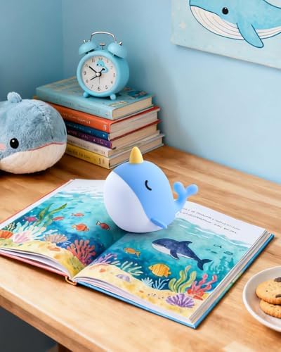 Fuloon Narwhal Night Light, 3-Level Dimming Silicone Touch Lamp with Rechargeable Battery & Timer, Cute Squishy Unicorn Whale Desk Decor, Funny White Elephant Gift for Adults Teens Kids (Blue)