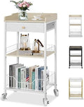 4-Tier Small Side Table with Wheels & Drawer, White & Natural
