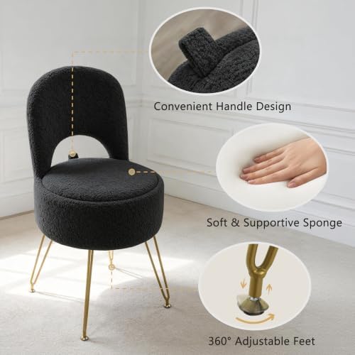 LITZFUR Round Vanity Stool with Storage & Folding Back, Black Makeup Chair