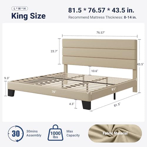 Allewie King Size Platform Bed Frame with Fabric Upholstered Headboard and Wooden Slats Support, Fully Upholstered Mattress Foundation/No Box Spring Needed/Easy Assembly, Beige