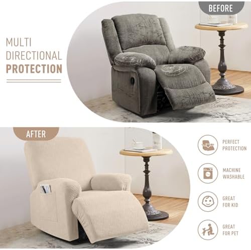 KinCam Recliner Chair Covers, Stretch Reclining Cover, Vanilla