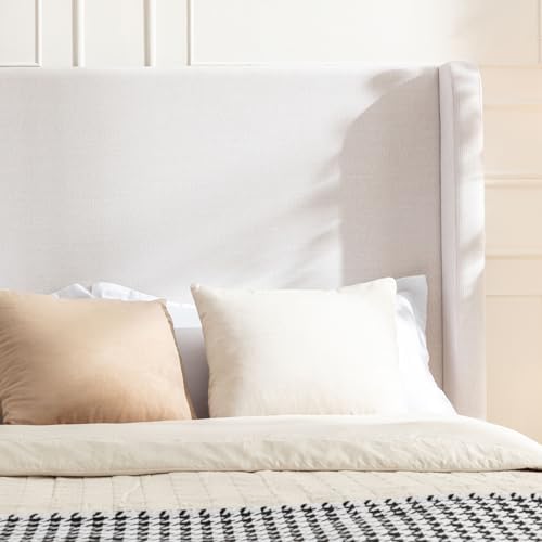 54" Tall Headboard King Upholstered Platform Bed Frame with Wingback, Modern Farmhouse Tufted Fabric Bed with Solid Wood Legs, No Box Spring Needed, Textured Ivory Canvas