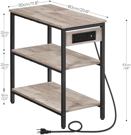 HOOBRO End Table with Charging Station, Side Table with 3 Tier Storage Shelf, Narrow Nightstand for Small Spaces, for Living Room, Bedroom, Easy Assembly, Greige and Black BG149UBZ01