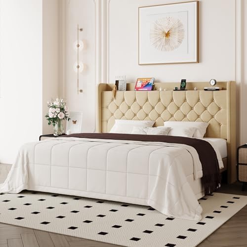 Allewie King Size Bed Frame, Storage Headboard & Charging Station, Beige